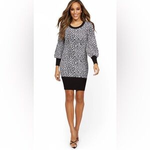 NWT New York & Company Black & White Leopard Print Sweater Dress, Women’s Large